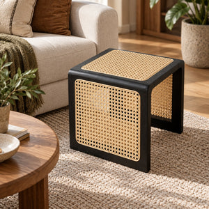 Square Wood and Rattan Side Table - Staunton and Henry